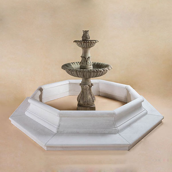 Calanthia Two Tier Fountain with Lotus Finial for pond against brown background.