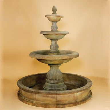 Isola Three Tier Pond Fountain against brown background.