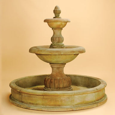 Isola Two Tier Pond Fountain against brown background.