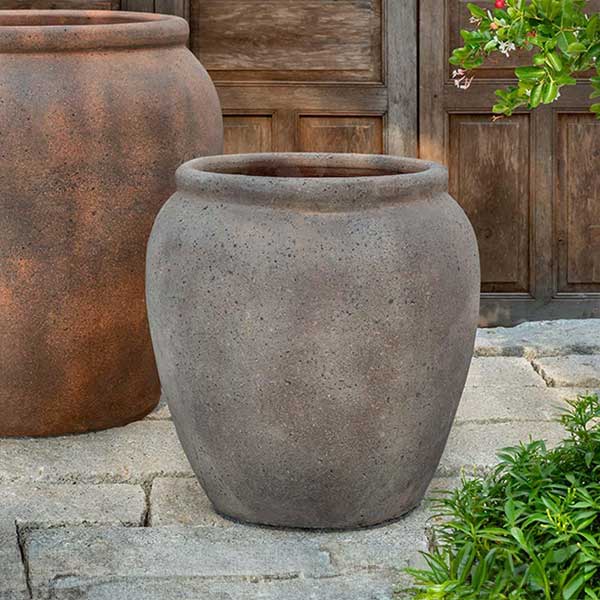 Kampala Jar Planter 21 inch - Sandblasted - S/1 on concrete in backyard