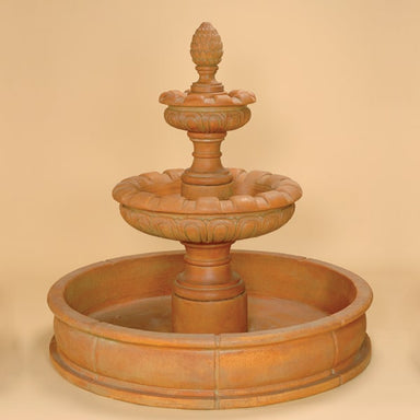 Patio Artistes Two Tier Pond Fountain against brown background.