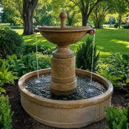 Campania Borghese in Basin cast stone fountain flowing in a lush landscaped garden with mature trees