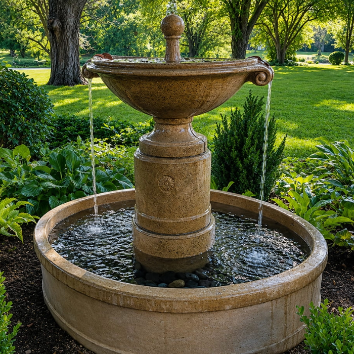 Campania Borghese in Basin cast stone fountain flowing in a lush landscaped garden with mature trees