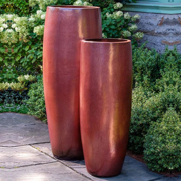 Sabine Planter, Tall - Maple Red S/1 on concrete in the backyard