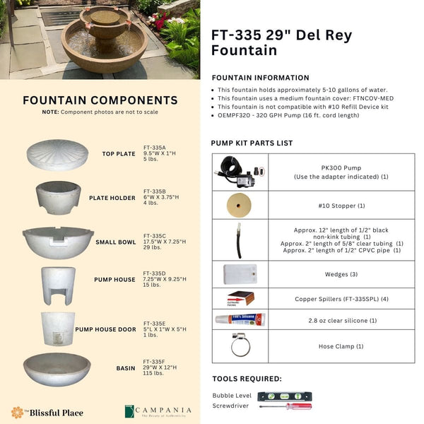 Complete overview of the 29 inch Del Rey Fountain with dimensions, weights, pump kit parts, tools, and general info.