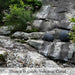 Three Angkor Garden Spheres resting on a natural rock ledge surrounded by lush greenery and a stone garden landscape.