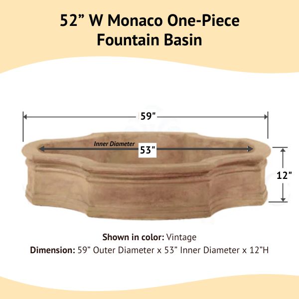 52 inch Monaco One Piece Fountain Basin with dimension details