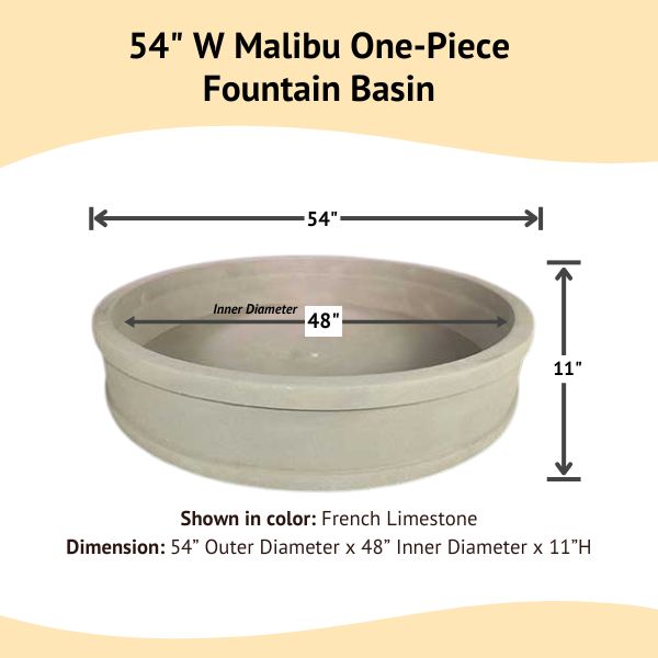 54 inch Malibu One Piece Fountain Basin with dimension details