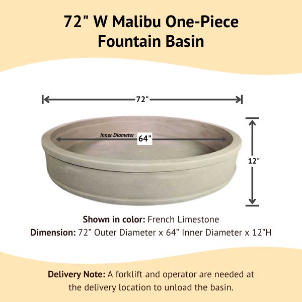 72 inch Malibu One Piece Fountain Basin with dimension details
