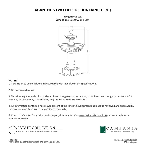 CAD drawing of the Acanthus Two Tiered Fountain with dimensions, weight, and manufacturer notes.