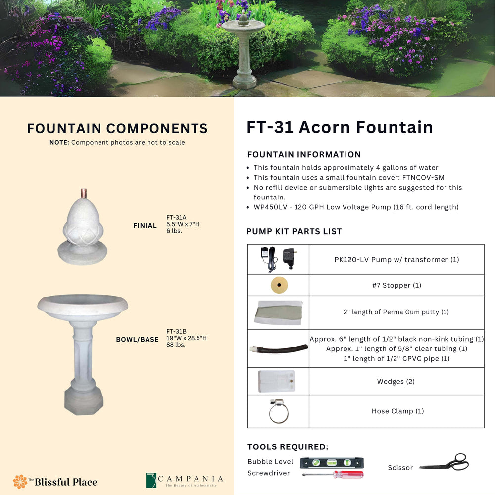Complete overview of the Acorn Fountain with dimensions, weights, pump kit parts, tools, and general info.