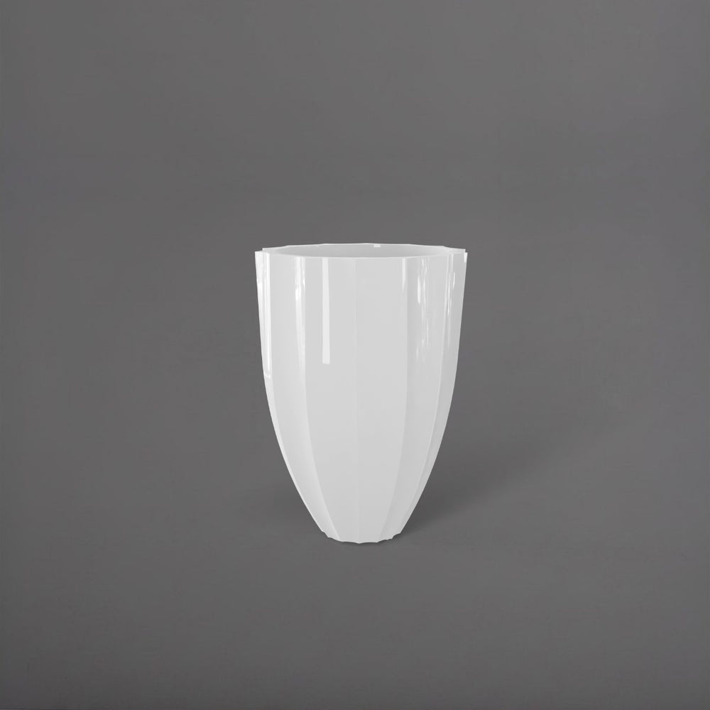 Alicante Tapered Fluted Round Fiberglass Planter in gloss bright white against gray background.