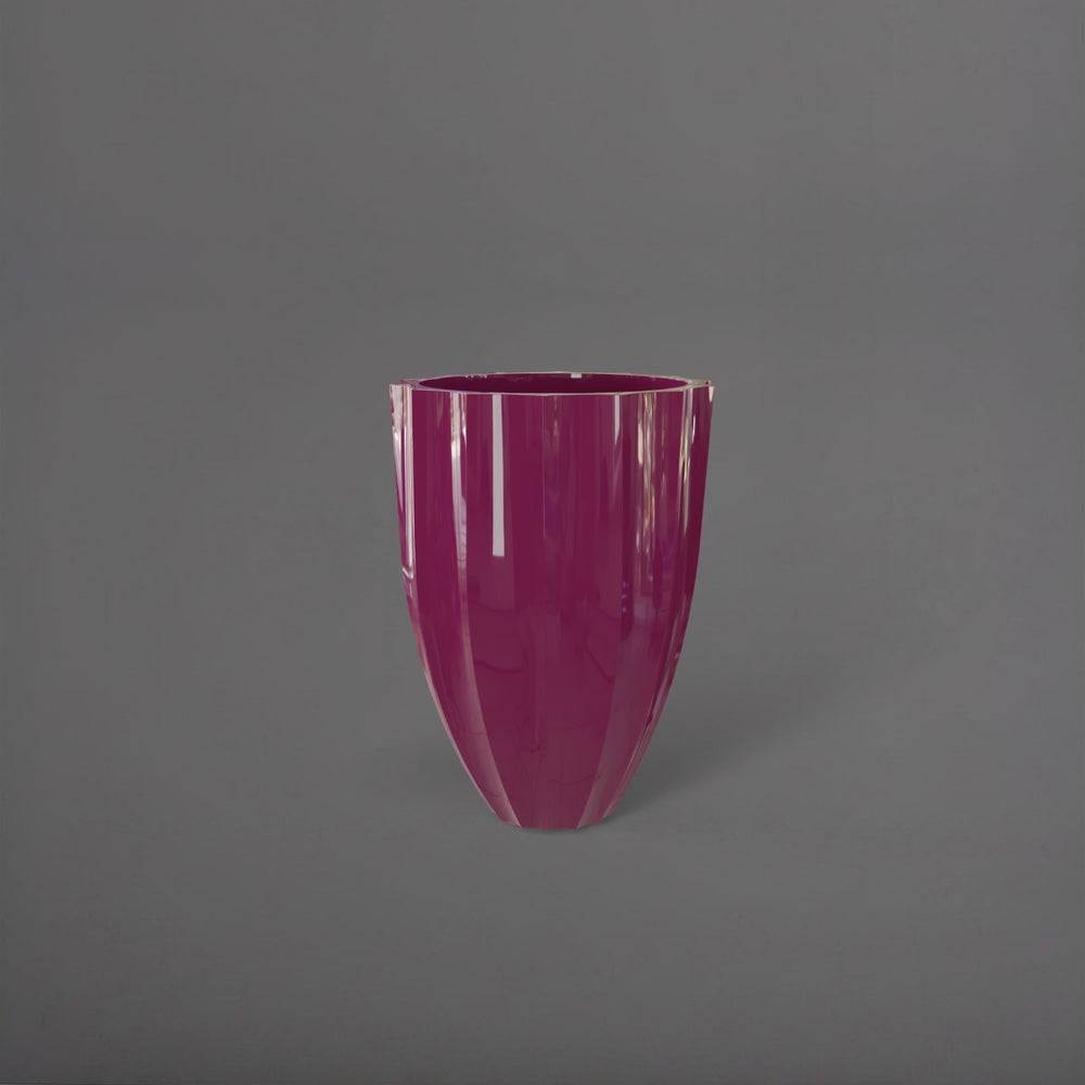 Alicante Tapered Fluted Round Fiberglass Planter in gloss eggplant against gray background.