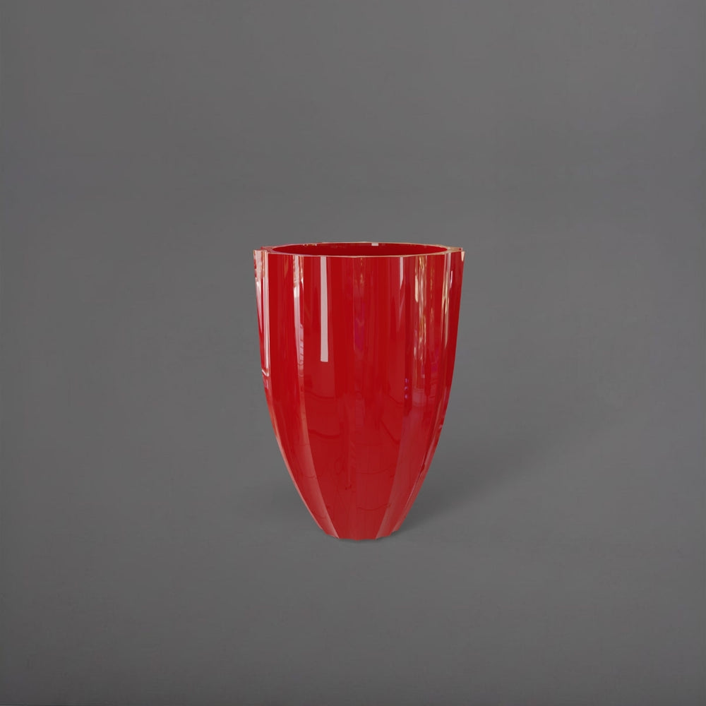 Alicante Tapered Fluted Round Fiberglass Planter in gloss red against gray background.