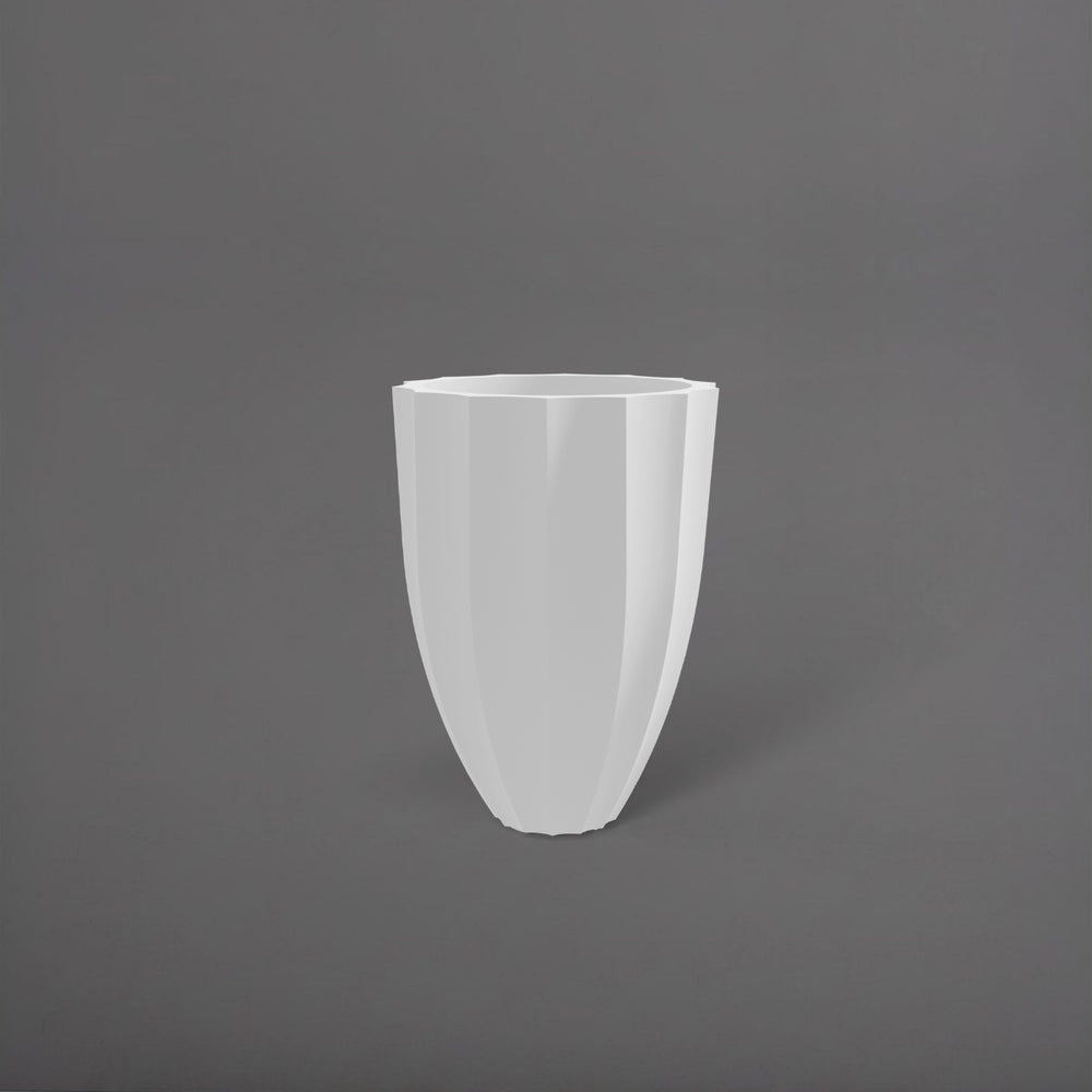 Alicante Tapered Fluted Round Fiberglass Planter in matte bright white against gray background.