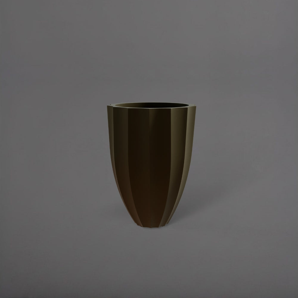 Alicante Tapered Fluted Round Fiberglass Planter in matte bronze against gray background.