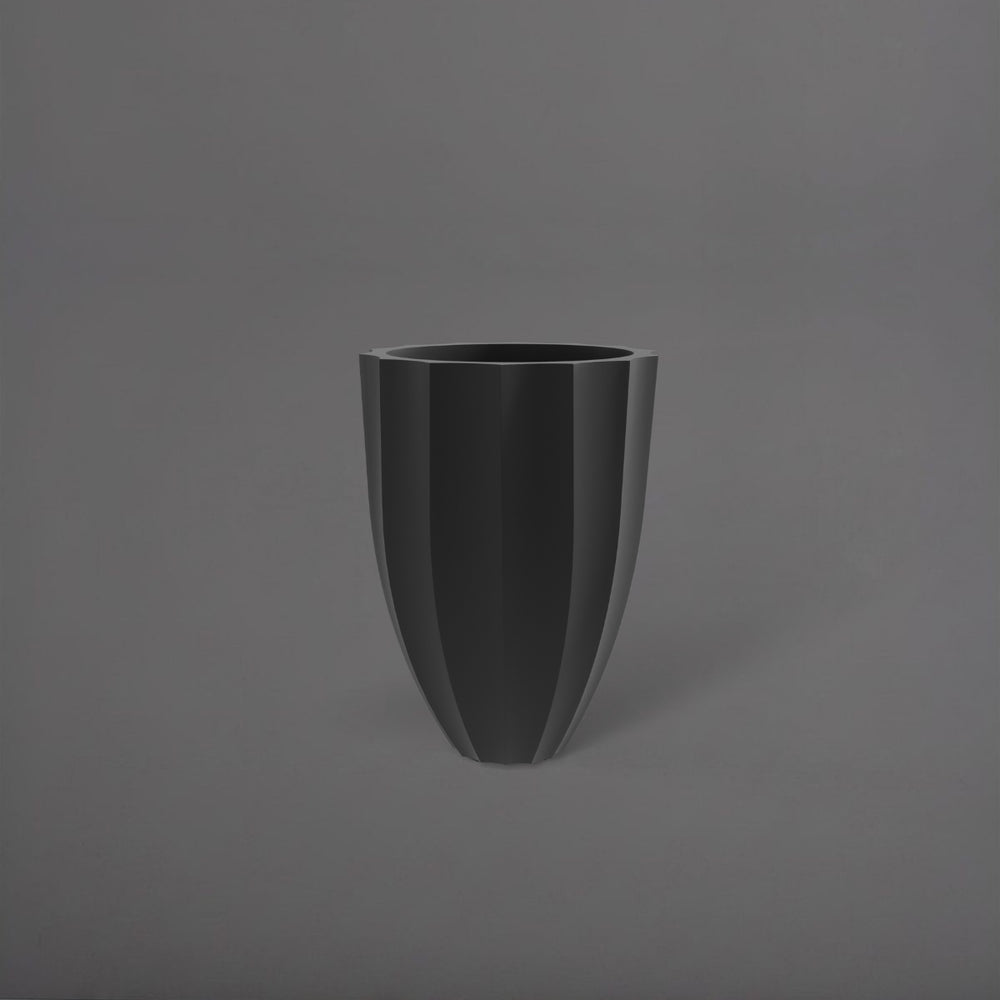 Alicante Tapered Fluted Round Fiberglass Planter in matte charcoal against gray background.