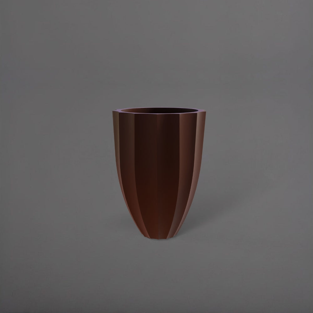 Alicante Tapered Fluted Round Fiberglass Planter in matte dark brown against gray background.