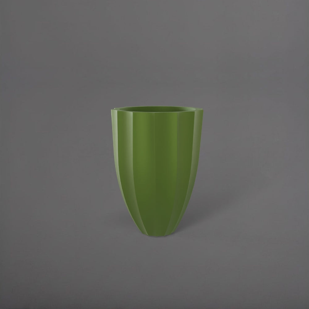 Alicante Tapered Fluted Round Fiberglass Planter in satin green against gray background.