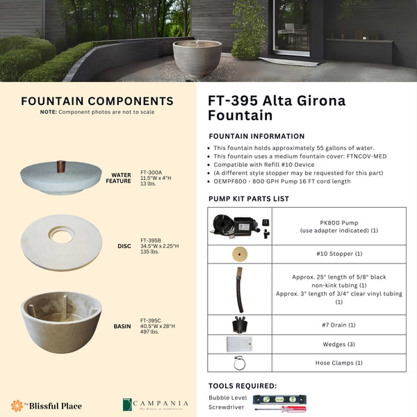 Complete overview of the Alta Girona Fountain with dimensions, weights, pump kit parts, tools, and general info. 