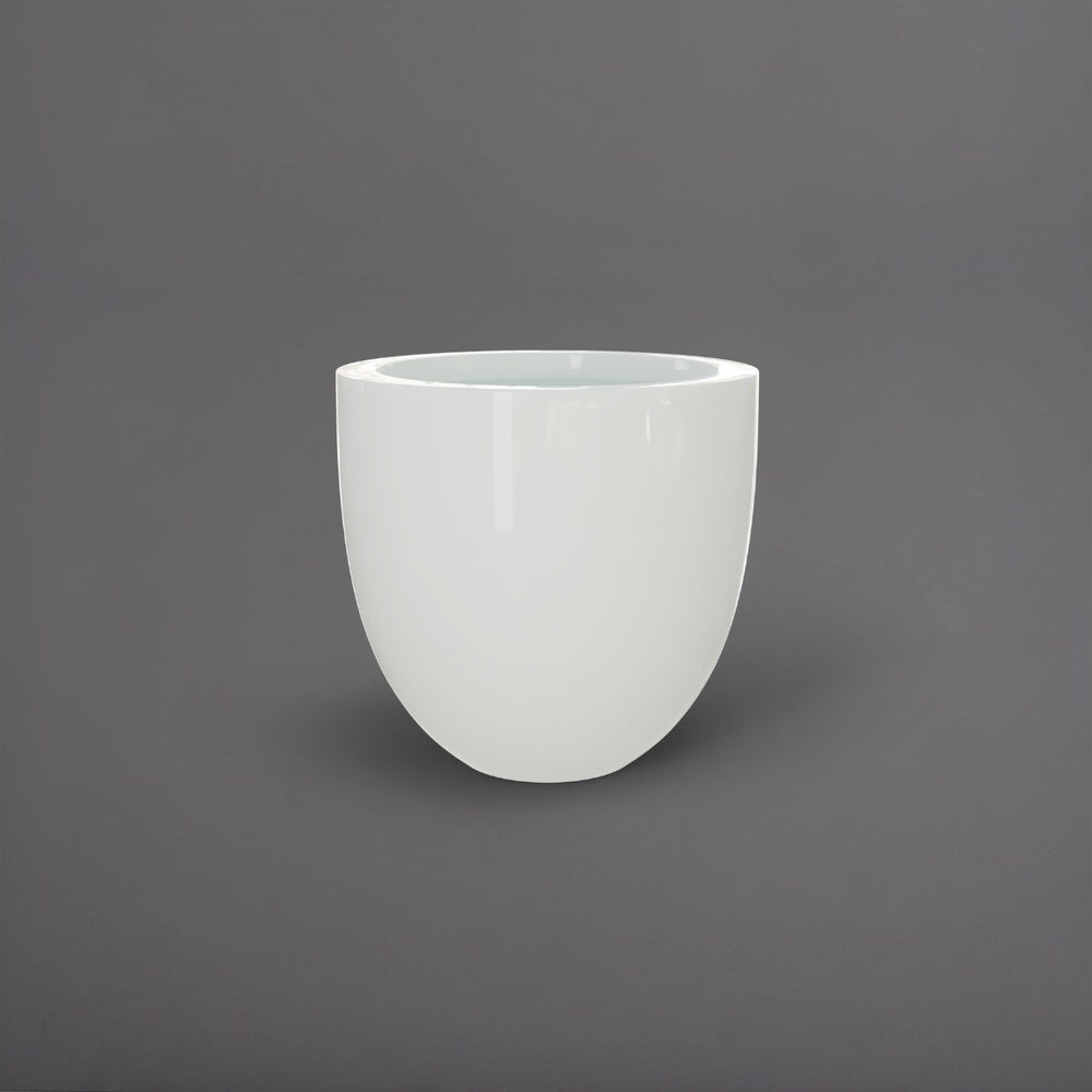 Alzira Round Fiberglass Planter in gloss bright white against gray background.