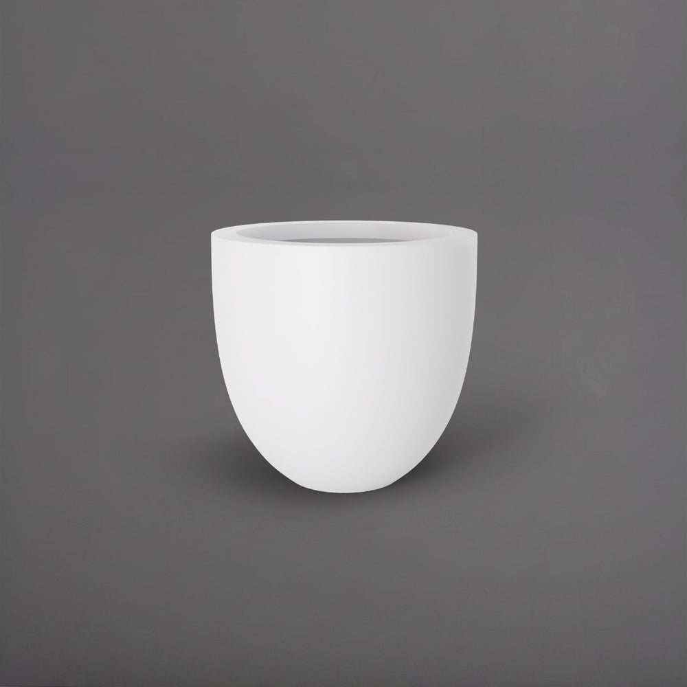 Alzira Round Fiberglass Planter in matte bright white against gray background.