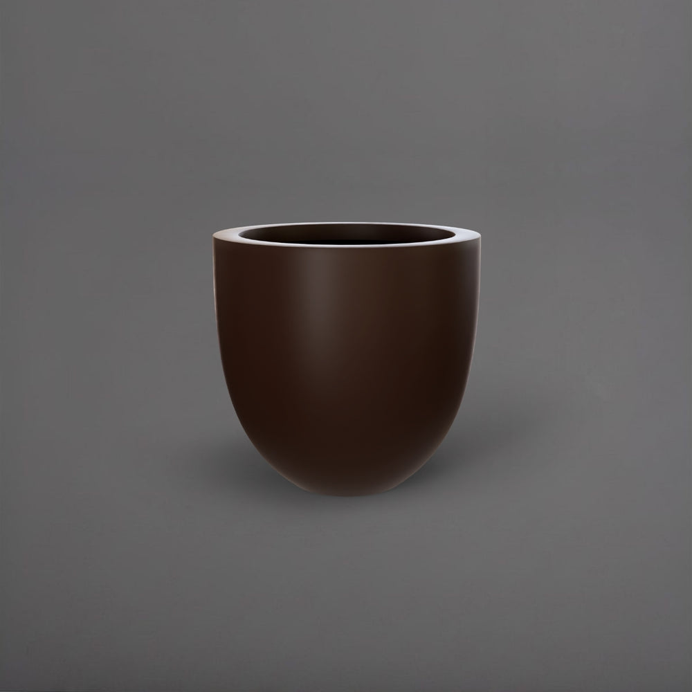 Alzira Round Fiberglass Planter in matte dark brown against gray background.