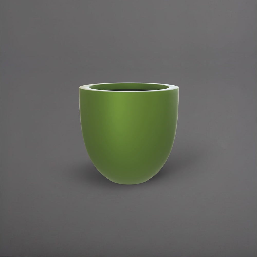 Alzira Round Fiberglass Planter in satin green against gray background.