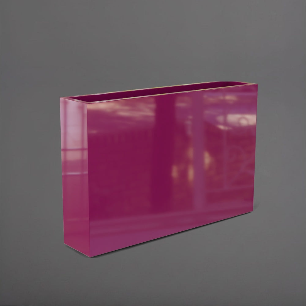 Amesbury Narrow Rectangle Planter in gloss eggplant against gray background.
