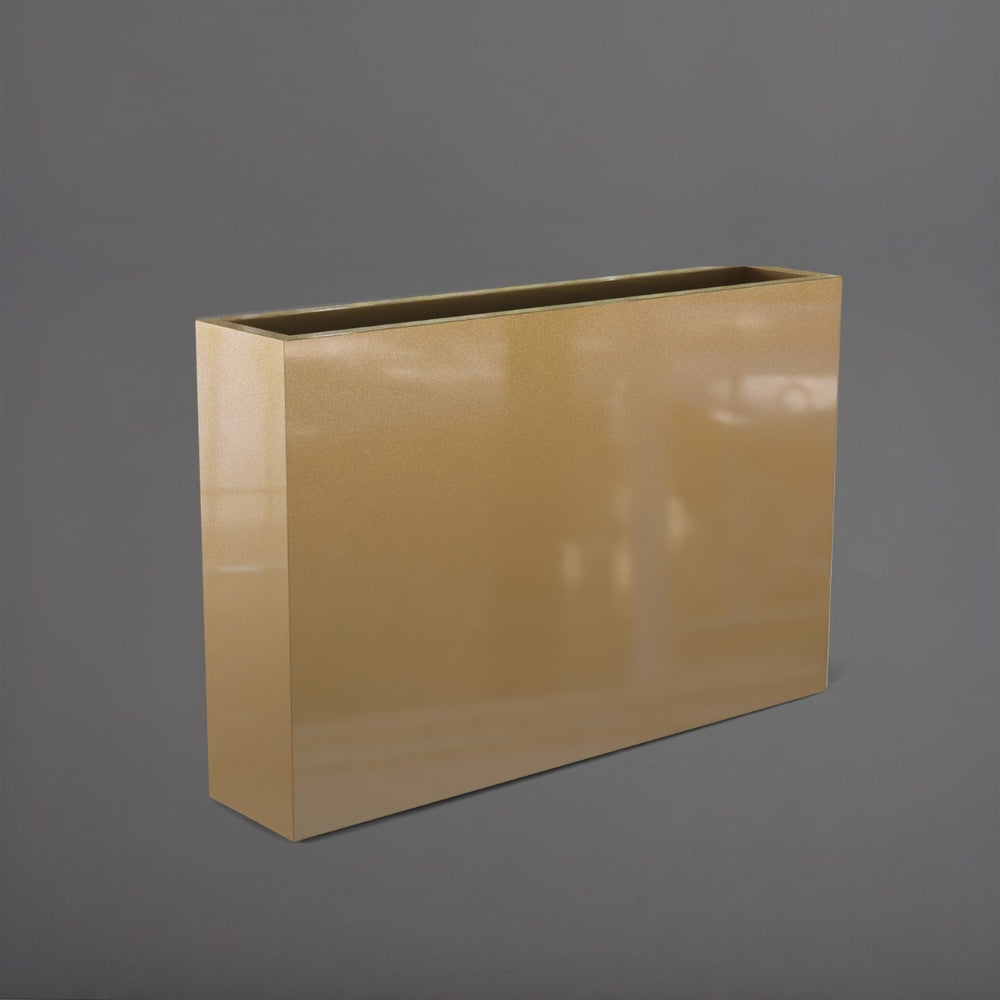 Amesbury Narrow Rectangle Planter in gloss metallic gold against gray background.