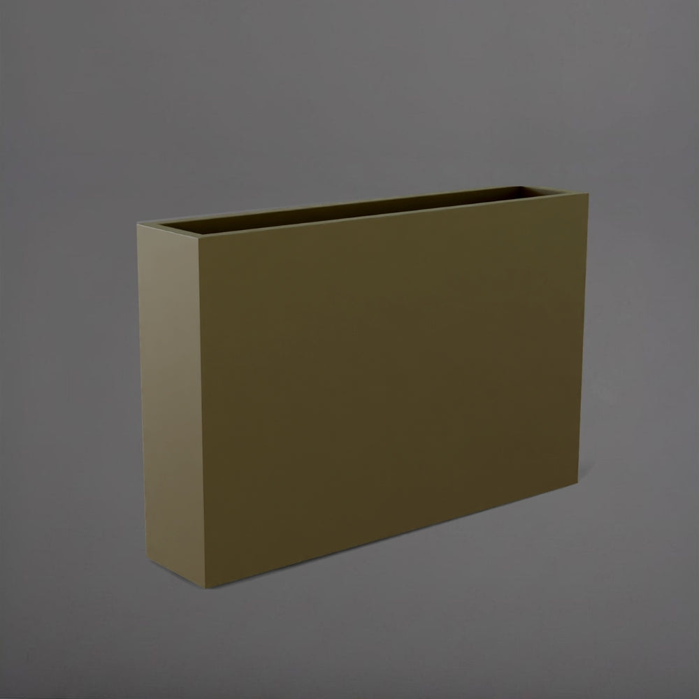 Amesbury Narrow Rectangle Planter in matte bronze against gray background.