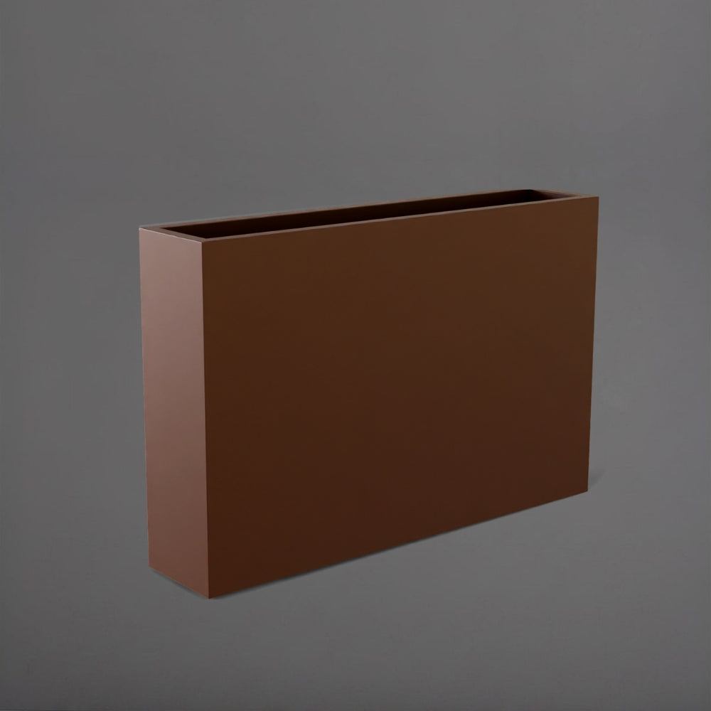 Amesbury Narrow Rectangle Planter in matte dark brown against gray background.