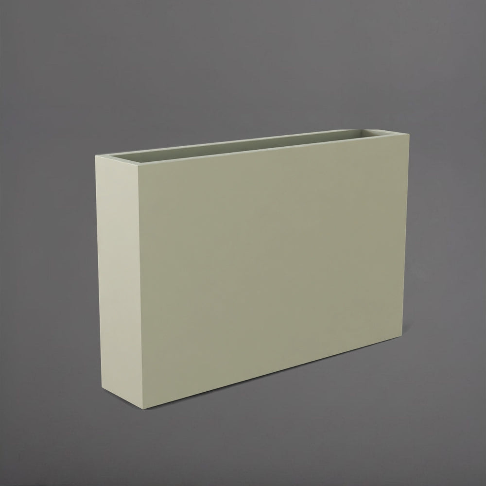 Amesbury Narrow Rectangle Planter in satin beige against gray background.