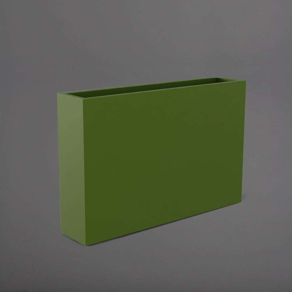 Amesbury Narrow Rectangle Planter in satin green against gray background.