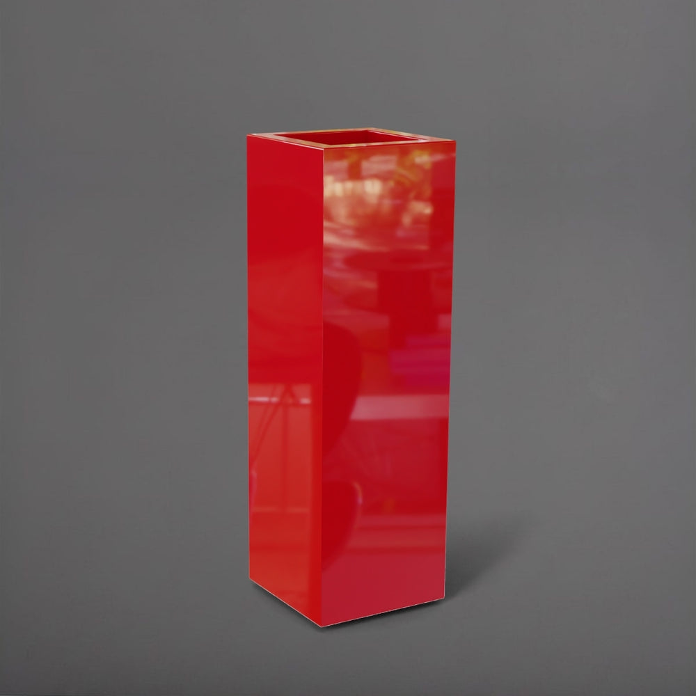 Amesbury Tall Corner Planter in gloss red against gray background.
