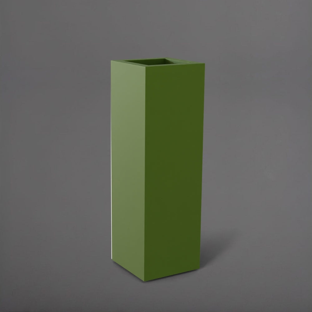 Amesbury Tall Corner Planter in satin green against gray background.