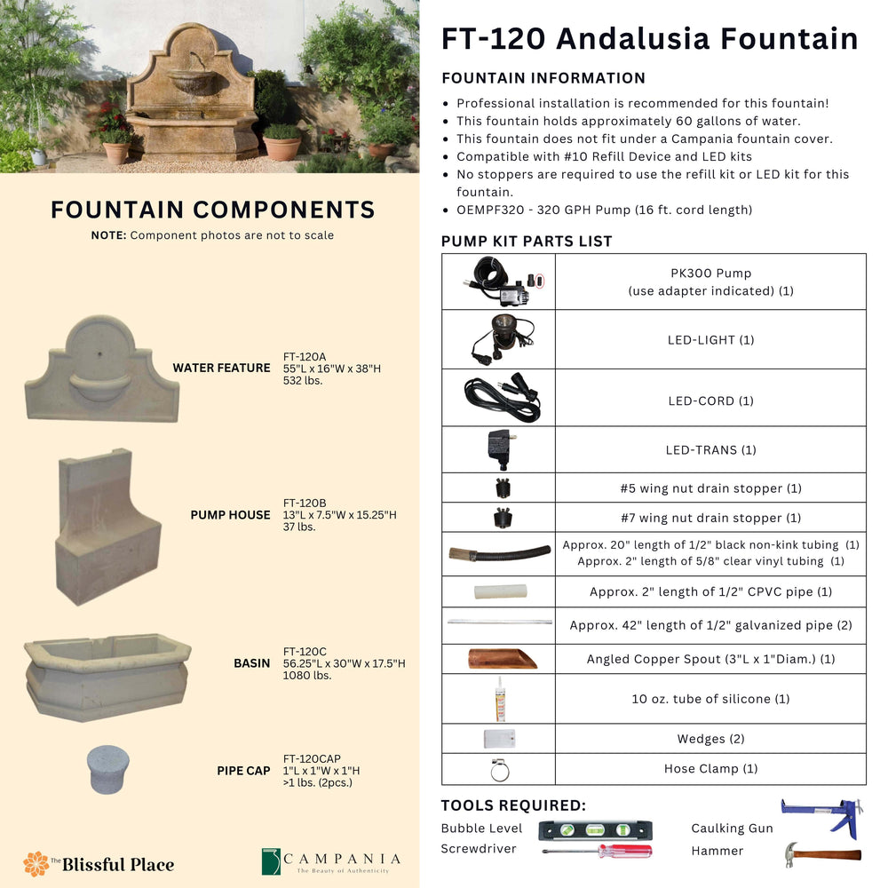 Complete overview of the Andalusia Fountain with dimensions, weights, pump kit parts, tools, and general info.