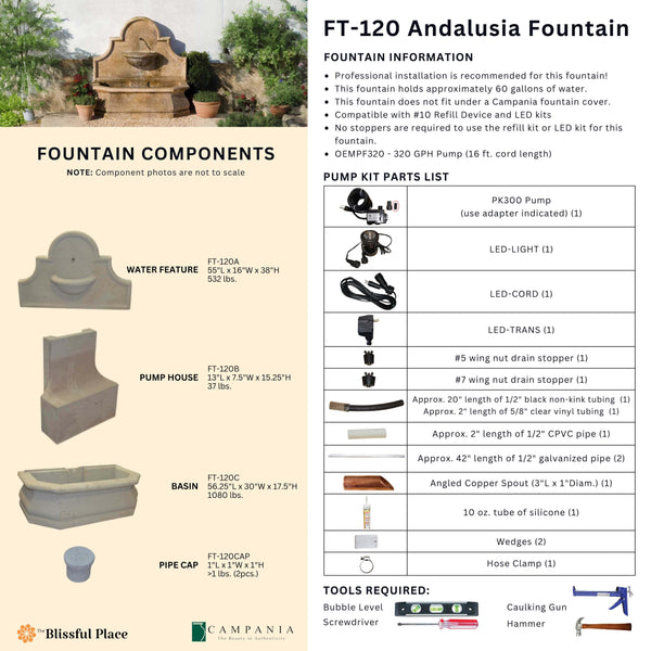 Complete overview of the Andalusia Fountain with dimensions, weights, pump kit parts, tools, and general info.