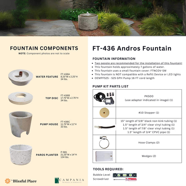 Complete overview of the Andros Fountain with dimensions, weights, pump kit parts, tools, and general info.