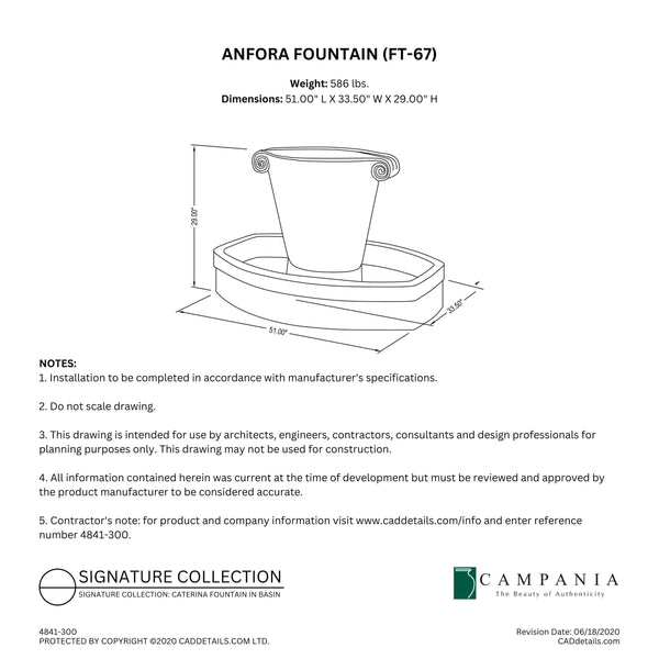 CAD drawing of the Anfora Fountain with dimensions, weight, and manufacturer notes.