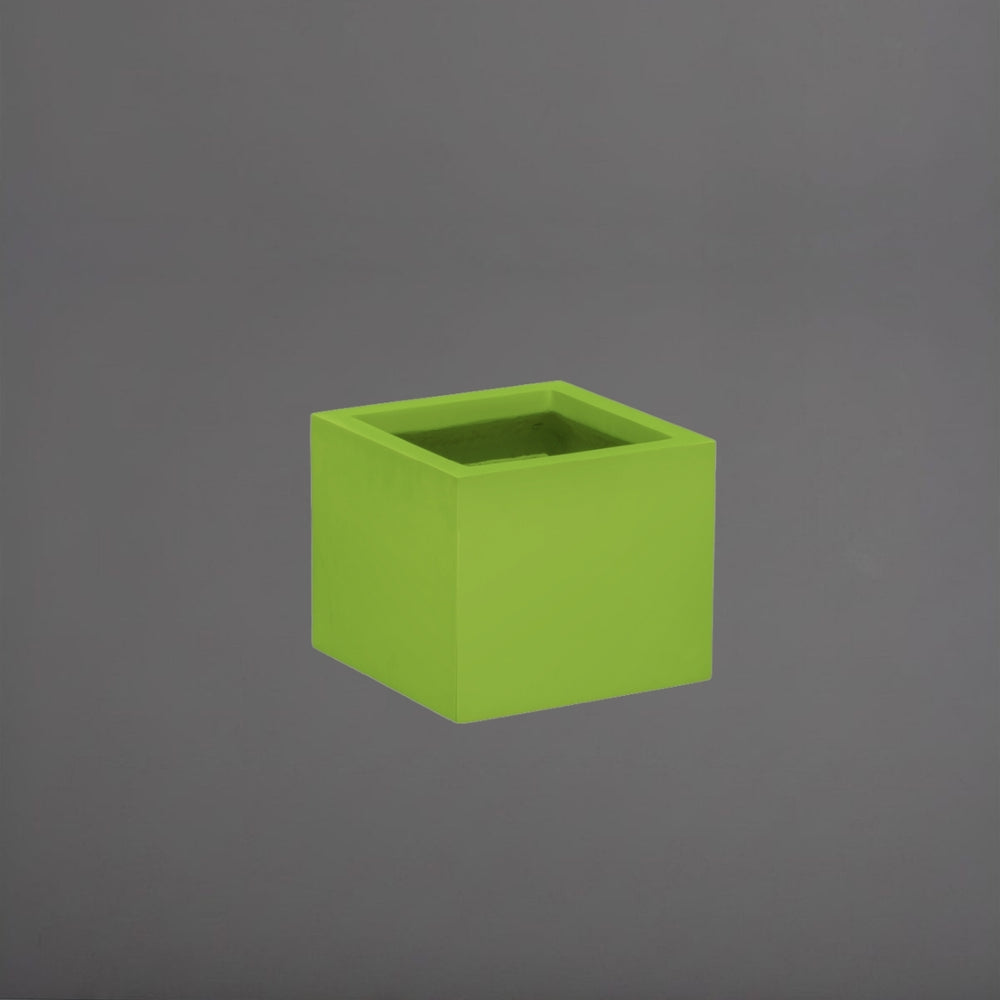 Antwerp Corner Fiberglass Planter in satin green against gray background.
