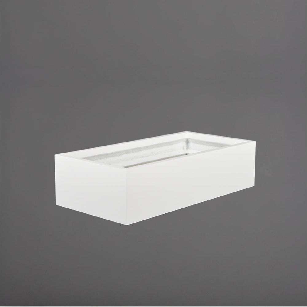 Antwerp Wide Rectangular Fiberglass Planter in gloss bright white against gray background.