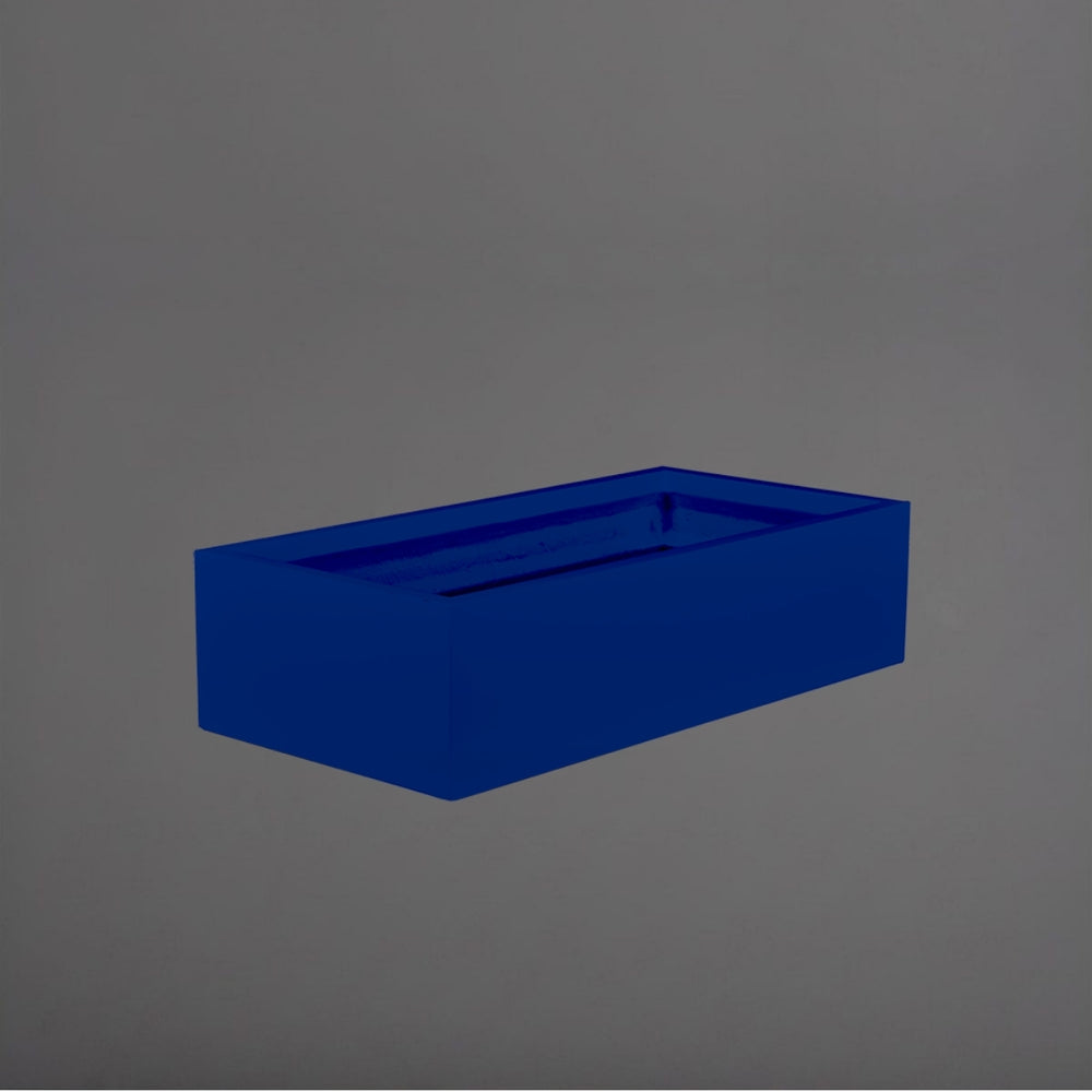 Antwerp Wide Rectangular Fiberglass Planter in matte cobalt blue against gray background.