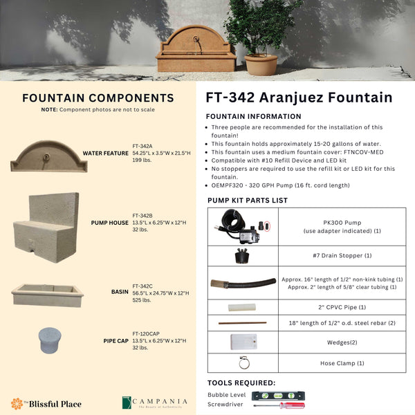 Complete overview of the Aranjuez Fountain with dimensions, weights, pump kit parts, tools, and general info.