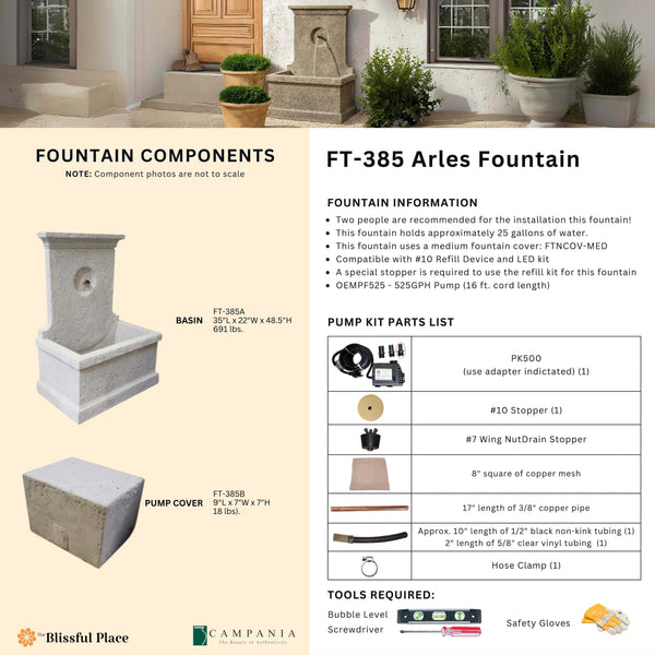 Complete overview of the Arles Fountain with dimensions, weights, pump kit parts, tools, and general info.