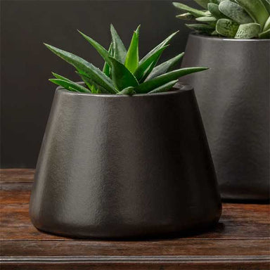 Artisan Pot, Medium - Matte Black - S4 filled with plants on table upclose