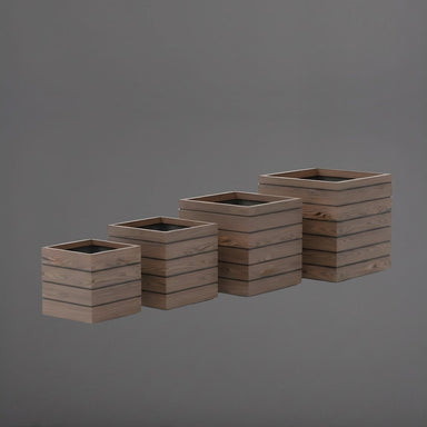 Ashevile Cube Wood Look Fiberglass Planter against gray background.