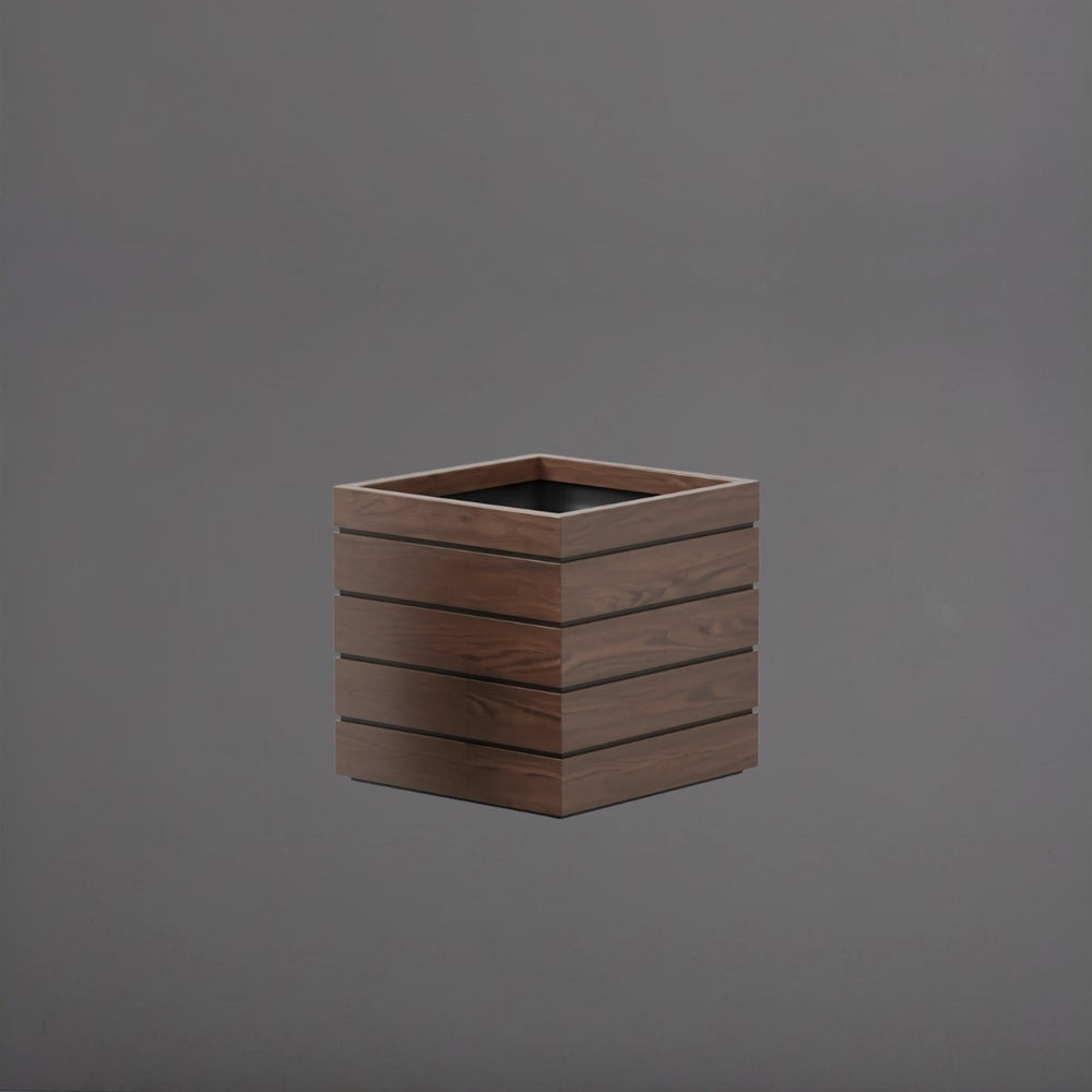 Ashevile Cube Wood Look Fiberglass Planter in 20 inch size against gray background.