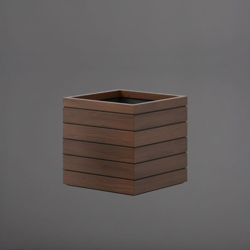 Ashevile Cube Wood Look Fiberglass Planter in 24 inch size against gray background.