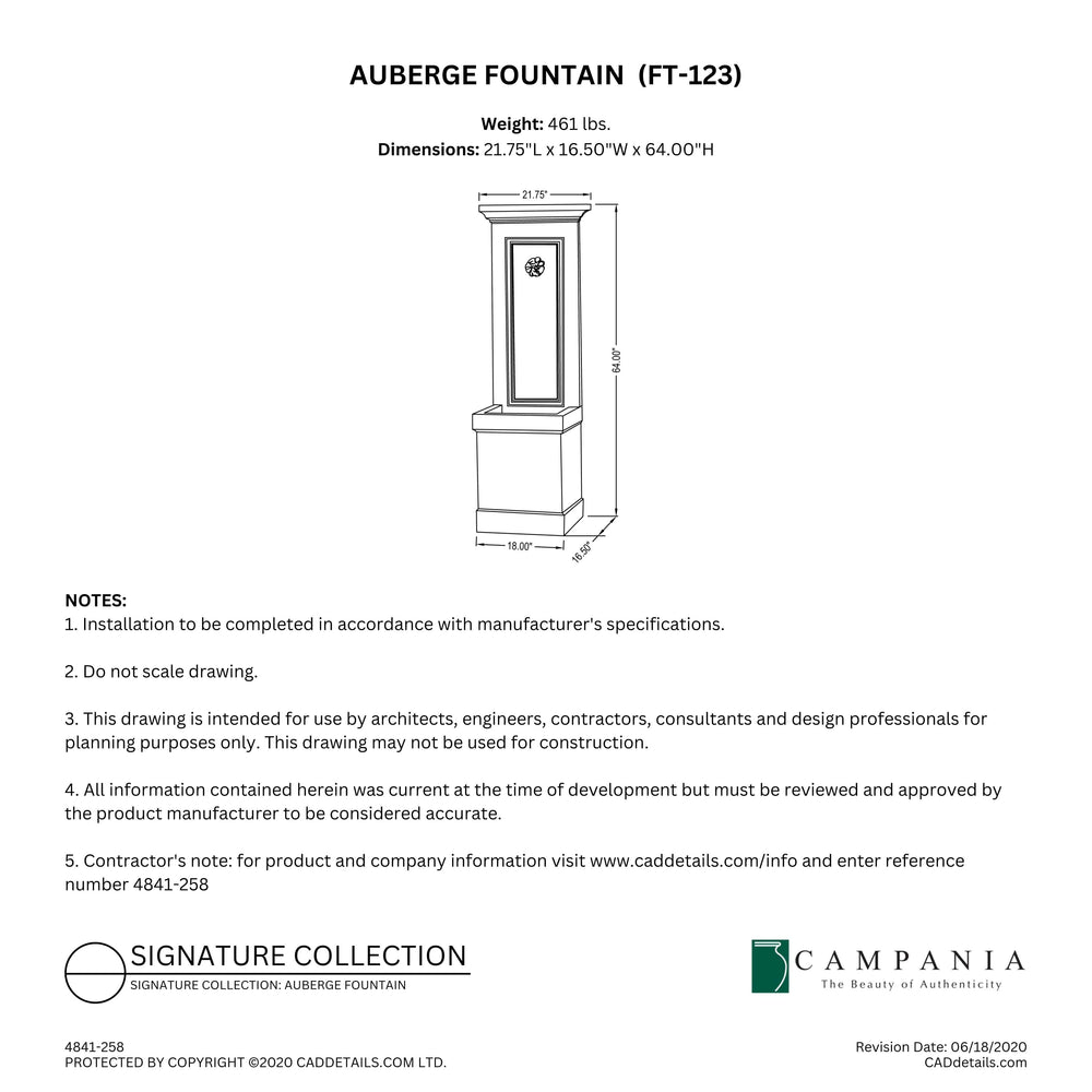 CAD drawing of the Auberge Fountain with dimensions, weight, and manufacturer notes.